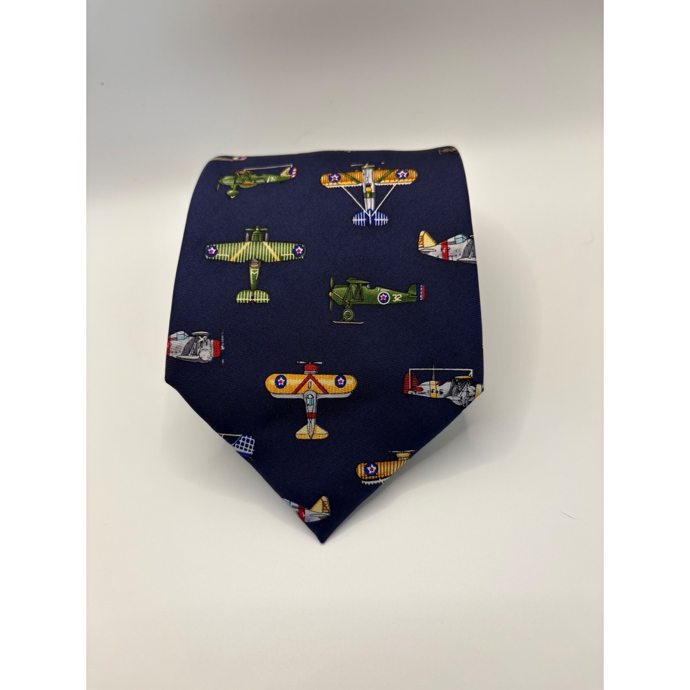 Alynn Neckwear Mens Navy Blue Vintage US Warplanes Silk Tie Aviation Biplane